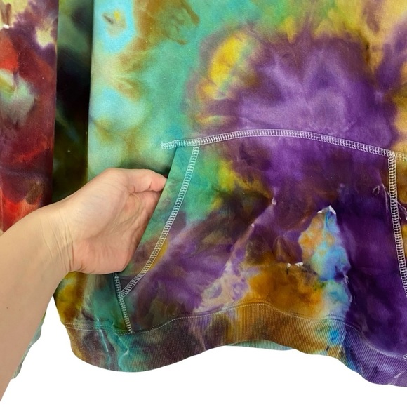 Handmade Tie Dye Hoodie Sweatshirt Pullover Mens Large Unisex Upcycled Pocket - Picture 4 of 10